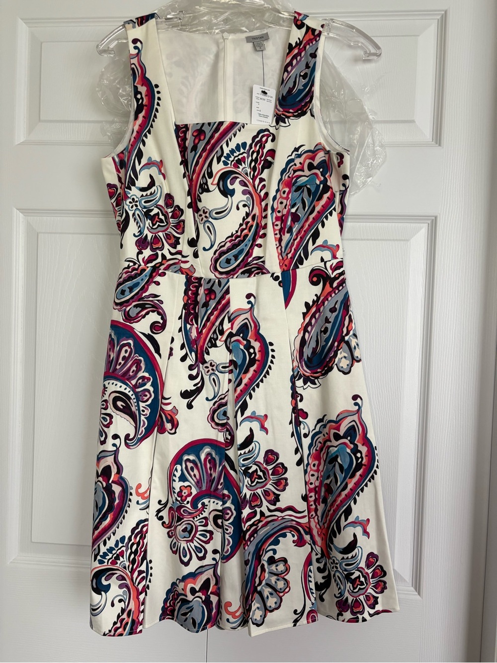 Tristan Sleeveless Paisley Fit-and-Flare Dress in White with Pink & Blue